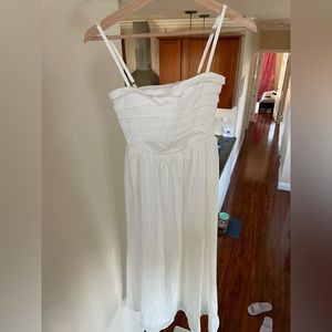 white strapless tea length dress